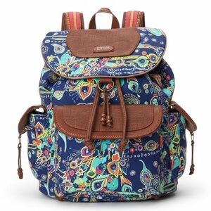 Sakroots by The Sak Radiant Flap Backpack Artistic Circle Peace Peacock Hearts